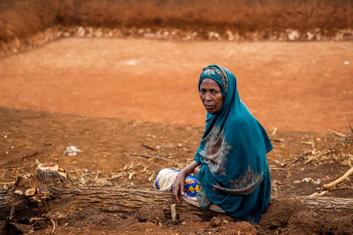 Etiopisk kvinde i turkis dragt sidder alene på et væltet træ med orange sandet jord omkring sig - Folkekirkens Nødhjælp