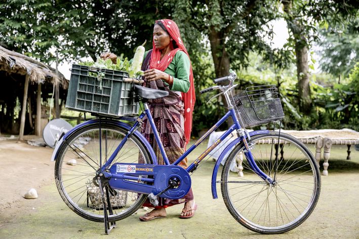 Kvinde lægger grønsager i sin cykelkurv