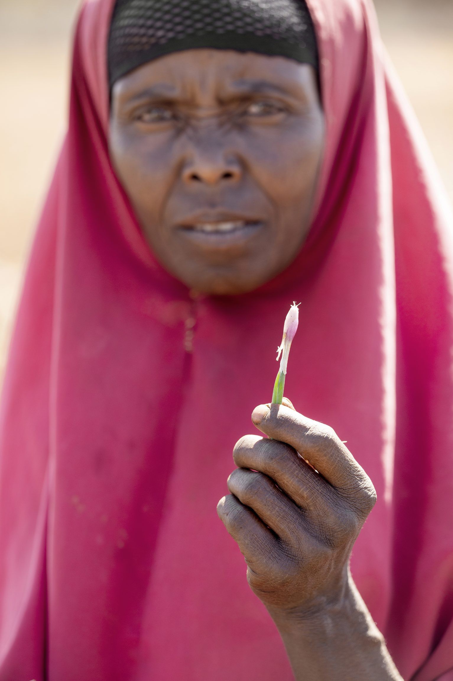 The woman Rabla from Ethiopia holds af sprout in her hand.