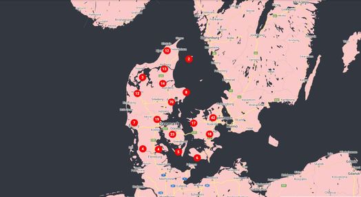 Danmarkskort over antal og placering af genbrugsbutikker